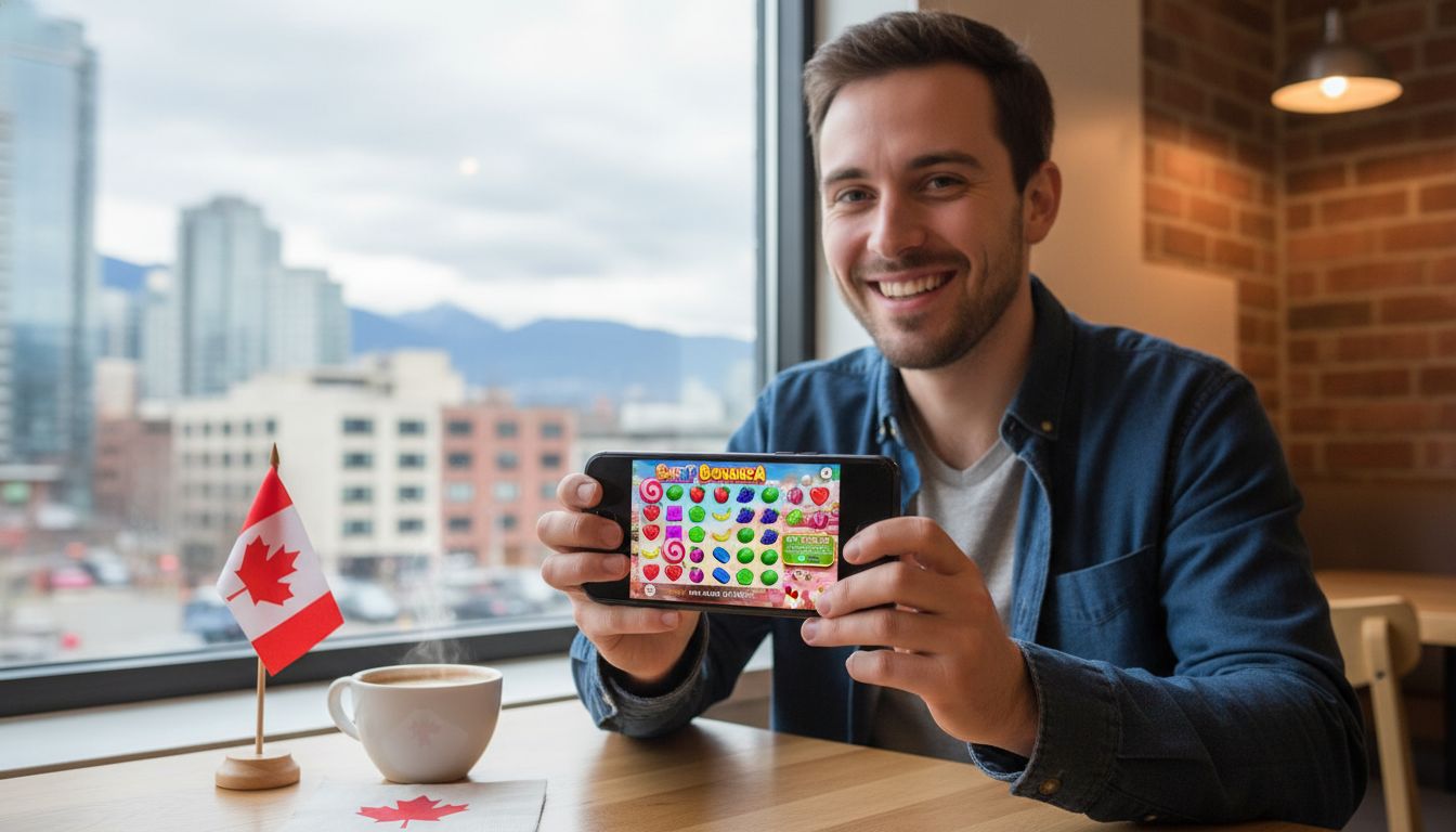 Canadian young adult in downtown café viewing app on phone