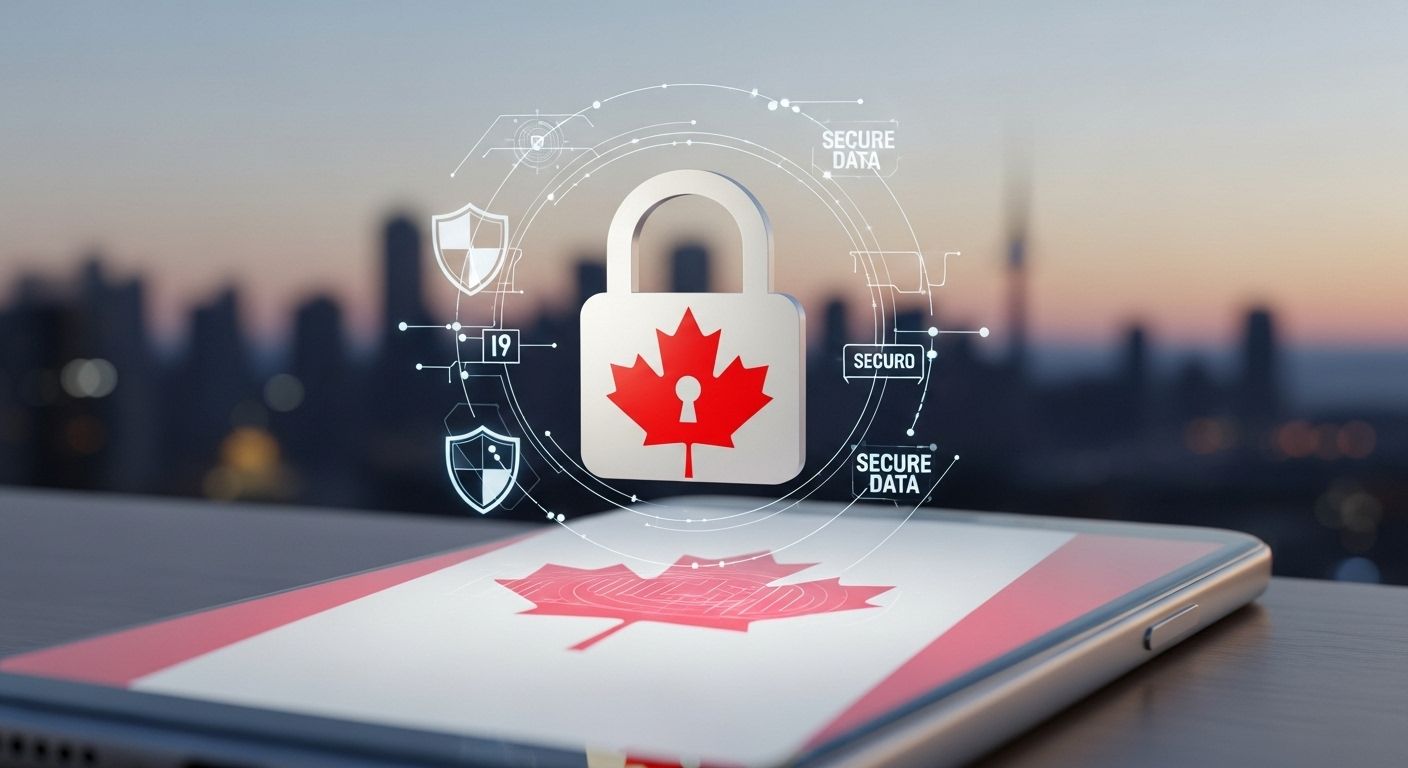 Canadian-themed data security visual with padlock and smartphone