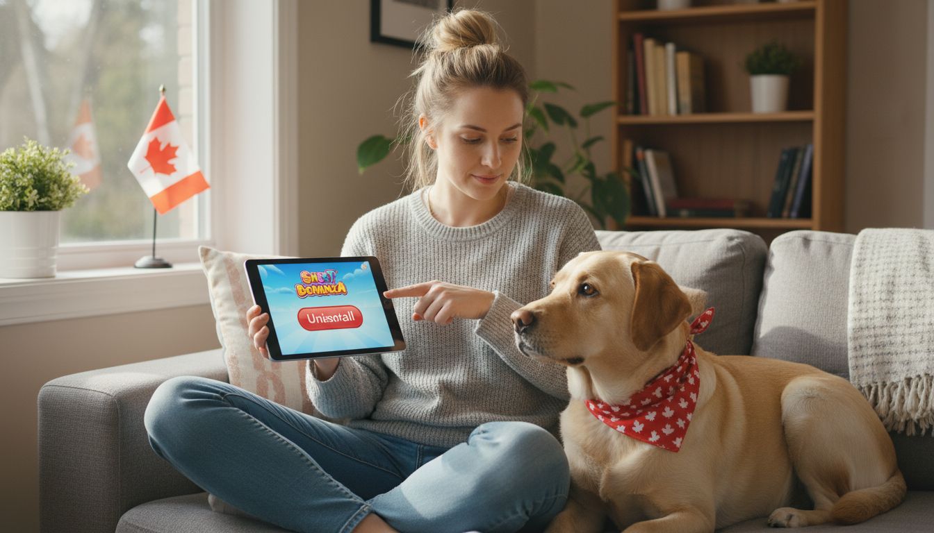 Canadian user uninstalling app from tablet with pet dog